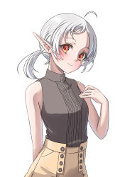 Rule 34 | 1girl, absurdres, ahoge, brown pants, closed mouth, commentary request, elf, highres, looking at viewer, medium hair, mushoku tensei, pants, pointy ears, ponytail, red eyes, shirt, simple background, sleeveless, sleeveless shirt, smile, solo, syagare, sylphiette (mushoku tensei), white background, white hair
