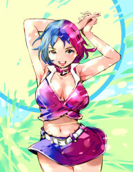 Rule 34 | 1girl, armpits, arms up, blue hair, breasts, cleavage, cowboy shot, igarashi mangou, large breasts, looking at viewer, meiko (vocaloid), midriff, navel, open mouth, pink hair, short hair, skirt, solo, thigh gap, vocaloid