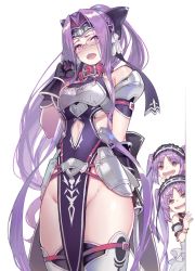 Rule 34 | 3girls, arm behind back, arm up, armor, black gloves, blush, bracelet, breastplate, breasts, clothing cutout, collar, cosplay, dress, embarrassed, euryale (fate), fang, fate/grand order, fate/hollow ataraxia, fate/stay night, fate (series), glasses, gloves, groin, hair intakes, hairband, hand to own mouth, headband, highres, hip vent, jewelry, lolita hairband, long hair, medusa (fate), medusa (lancer) (fate), medusa (lancer) (fate) (cosplay), medusa (rider) (fate), multiple girls, naughty face, no panties, open mouth, peeking out, pelvic curtain, ponytail, purple hair, rider, shirabi, siblings, side cutout, sisters, slit pupils, smile, smug, stheno (fate), thigh strap, thighhighs, thighs, twins, twintails, very long hair, white dress, white legwear