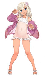 Rule 34 | 1girl, absurdres, bikini, blonde hair, blue eyes, blush, collarbone, duplicate, fang, flower, hair between eyes, hair flower, hair ornament, highres, jacket, kantai collection, long hair, long sleeves, navel, open clothes, open jacket, open mouth, pink flower, pink jacket, revision, ro-500 (kancolle), ryo (tg290), sandals, simple background, skin fang, solo, swimsuit, white background, white bikini