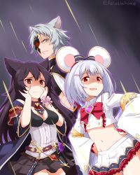 Rule 34 | angry, animal ears, bare shoulders, black hair, bow, breasts, brooch, commentary request, erune, felutiahime, flat chest, flower, gem, granblue fantasy, grey hair, hair between eyes, heart, heart brooch, highres, jewelry, long hair, looking at viewer, medium breasts, navel, nier (granblue fantasy), purple flower, red bow, red eyes, seox (granblue fantasy), shaded face, short hair, skirt, smile, vikala (granblue fantasy), white skirt