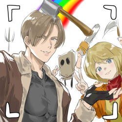 Rule 34 | 1girl, 2boys, absurdres, ashley graham, axe, black gloves, black shirt, blonde hair, blue eyes, blush, brown hair, brown jacket, chainsaw, closed mouth, doctor salvador, fingerless gloves, gloves, hair between eyes, highres, holding, jacket, leon s. kennedy, looking at viewer, male focus, mask, multiple boys, naijarski, one eye closed, rainbow, resident evil, resident evil 4, resident evil 4 (remake), selfie, shirt, short hair, simple background, upper body, v, weapon, white background