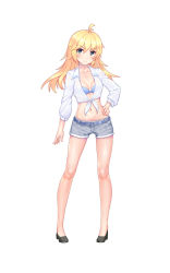 Rule 34 | 1girl, antenna hair, arm at side, asakuraki, bad id, bad pixiv id, bare legs, belt, belt buckle, bikini, bikini top only, bikini under clothes, black footwear, blue bikini, blush, breasts, breasts apart, buckle, closed mouth, collared shirt, copyright request, cutoffs, full body, grey shorts, hand on own hip, highres, legs apart, long sleeves, looking at viewer, md5 mismatch, no socks, open clothes, open shirt, resolution mismatch, ribbon, shirt, shoes, short shorts, shorts, simple background, smile, solo, source smaller, standing, swimsuit, tied shirt, v-shaped eyebrows, white background, white ribbon, white shirt, wing collar