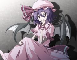 Rule 34 | 1girl, bat wings, bow, breasts, bwell, collared shirt, commentary request, fang, feet out of frame, fingernails, frilled shirt collar, frilled sleeves, frills, grey wings, hair between eyes, hat, hat ribbon, looking at viewer, mob cap, open mouth, pink hat, pink shirt, pink skirt, puffy short sleeves, puffy sleeves, purple hair, red bow, red eyes, red ribbon, remilia scarlet, ribbon, sharp fingernails, shirt, short hair, short sleeves, skirt, skirt set, sleeve bow, small breasts, smile, solo, touhou, wavy hair, wings, wrist cuffs