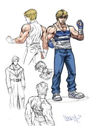Rule 34 | 1boy, blonde hair, character sheet, coat, cody travers, collage, denim, diepod, facial hair, final fight, fingerless gloves, gloves, highres, jeans, male focus, muscular, pants, partially colored, solo, street fighter, striped, stubble, tank top, trench coat, white background