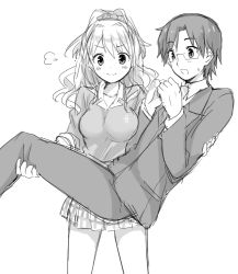 Rule 34 | &gt;:), 1boy, 1girl, :d, carrying, collared shirt, diagonal-striped neckwear, formal, greyscale, hino akane (idolmaster), idolmaster, idolmaster cinderella girls, long sleeves, monochrome, necktie, open mouth, pants, plaid, plaid skirt, pleated skirt, princess carry, producer (idolmaster), producer (idolmaster anime), puff of air, shirt, simple background, skirt, smile, striped neckwear, suit, sweatdrop, tsukudani norio, white background, white shirt