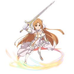 Rule 34 | 1girl, armor, asuna (stacia), bracelet, breastplate, breasts, brown eyes, brown hair, cape, choker, cleavage, closed mouth, detached sleeves, floating hair, from above, frown, full body, gloves, hair intakes, highres, jewelry, long hair, long sleeves, medium breasts, miniskirt, official art, pleated skirt, skirt, solo, standing, sword art online, sword art online: memory defrag, thighhighs, transparent background, very long hair, waist cape, white armor, white cape, white choker, white gloves, white skirt, white sleeves, white thighhighs