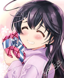 Rule 34 | ahoge, aran sweater, black hair, blush, box, cable knit, character name, character signature, closed eyes, commentary, hair ornament, hairclip, heart-shaped box, holding, holding box, kantai collection, long hair, purple sweater, smile, solo, sumeragi hamao, sweater, ushio (kancolle), valentine