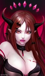 Rule 34 | 1girl, artist name, bad id, bad pixiv id, bat hair ornament, black horns, blood, blood on face, breasts, brown hair, cleavage, closed mouth, commentary, demon girl, demon horns, demon wings, gem, hair ornament, halo, highres, horns, large breasts, light smile, lipstick, long hair, looking afar, looking to the side, lunariavi, makeup, original, pink lips, pointy ears, portrait, red eyes, red gemstone, red wings, solo, symbol-only commentary, wings