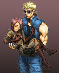 Rule 34 | 1boy, 1girl, blonde hair, blood, blood on clothes, boots, bracelet, brown hair, carrying, clark still, closed eyes, earrings, gloves, injury, jewelry, muscular, princess carry, rukiana, short hair, simple background, snk, sunglasses, the king of fighters, vest, whip, whip (kof)