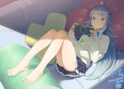 Rule 34 | 1girl, absurdres, ahoge, ass, bare legs, barefoot, blue eyes, blue hair, blue necktie, blush, commission, couch, feet, game console, hair ornament, hairclip, handheld game console, heibonkaeru, highres, holding, legs, unworn legwear, long hair, long sleeves, looking at viewer, lying, miniskirt, mixed-language commentary, necktie, on back, original, pillow, playstation portable, pleated skirt, second-party source, shadow, sidelocks, skeb commission, skirt, sleeves past wrists, solo, spread toes, sweater, swept bangs, thighs, toes, translation request