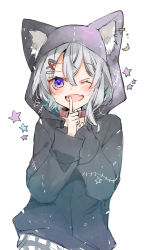Rule 34 | 1girl, ;d, absurdres, animal ear fluff, animal ears, animal hood, black jacket, blush, collar, copyright request, crescent, ear piercing, fake animal ears, fang, grey hair, hair between eyes, hair ornament, hairclip, hand up, highres, hood, hood up, hooded jacket, jacket, long sleeves, mito (go!go!king!), one eye closed, open mouth, piercing, plaid, plaid skirt, purple eyes, red collar, simple background, skirt, sleeves past wrists, smile, solo, star (symbol), virtual youtuber, white background, x hair ornament