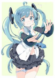 Rule 34 | 1girl, ahoge, black skirt, black sleeves, blue bow, blue eyes, blue hair, blue necktie, blue panties, blush, bow, bow panties, closed mouth, collared shirt, commentary, detached sleeves, dress shirt, flying sweatdrops, green background, hair bow, hair ornament, hatsune miku, highres, layered skirt, long hair, looking at viewer, navel, necktie, nose blush, panties, panty pull, pleated skirt, revision, shirt, skirt, sleeveless, sleeveless shirt, sleeves past wrists, solo, tantan men (dragon), tie clip, twintails, two-tone background, underwear, very long hair, vocaloid, white background, white shirt