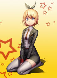 Rule 34 | 1girl, absurdres, between legs, blonde hair, blue eyes, breasts, cropped jacket, frank lee (dfgh132), hand between legs, highres, kagamine rin, looking at viewer, necktie, short hair, sitting, skirt, small breasts, solo, thighhighs, thighs, vocaloid, wariza, white thighhighs, yellow background, zettai ryouiki