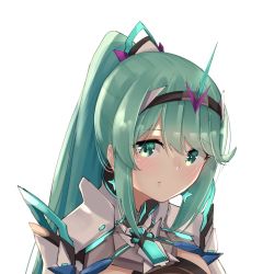 Rule 34 | 1girl, chest jewel, earrings, green eyes, green hair, highres, jewelry, light blush, long hair, pneuma (xenoblade), ponytail, portrait, sarasadou dan, simple background, solo, spoilers, swept bangs, tiara, white background, xenoblade chronicles (series), xenoblade chronicles 2