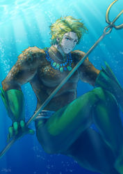 Rule 34 | 1boy, aqua man, aquaman (series), armor, arthur curry, blonde hair, blue eyes, dc comics, looking at viewer, male focus, muraosa (conjecture), polearm, scale armor, solo, swimming, trident, underwater, water, weapon