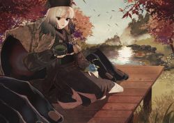 Rule 34 | 1girl, black eyes, black hair, black hat, black kimono, blue flower, blunt bangs, chinese commentary, closed mouth, commentary request, cup, falling leaves, fate/grand order, fate (series), flower, gradient hair, grey hair, hat, highres, holding, holding cup, japanese clothes, kimono, leaf, long hair, long sleeves, looking at viewer, morning glory, multicolored hair, obi, qiuyun62303677, sash, seiza, sen no rikyu (fate), sen no rikyu (second ascension) (fate), sitting, sky, smile, solo, tassel, tree, wide sleeves, yunomi