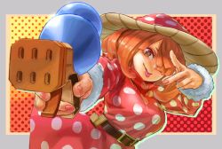 Rule 34 | 1girl, belt, boku no hero academia, border, brown eyes, brown hair, commentary request, dotted background, dress, fingernails, fur trim, grey border, hair over one eye, hat, highres, holding, holding water gun, komori kinoko, long sleeves, mushroom, mushroom hat, polka dot, polka dot dress, red background, red dress, red hat, short hair, solo, symbol-shaped pupils, tongue, tongue out, two-tone background, water gun, x-shaped pupils, yellow background, yomoyama yotabanashi