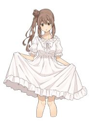 Rule 34 | 1girl, :o, bare arms, bare legs, bow, brown eyes, brown hair, cevio, collarbone, cropped legs, dress, dress bow, frilled dress, frilled sleeves, frills, hair bun, highres, long hair, looking to the side, minatsuki (m1natsuk1), parted lips, satou sasara, side ponytail, sidelocks, simple background, single side bun, skirt hold, solo, white background, white bow