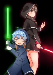 Rule 34 | 2girls, ahoge, belt, black background, black capelet, blonde hair, blue hair, braid, brown belt, brown eyes, brown hair, capelet, commentary request, drawstring, empty eyes, energy sword, gloves, gradient hair, highres, hood, hood up, hooded capelet, kantai collection, lightsaber, long hair, long sleeves, looking at viewer, multicolored hair, multiple girls, open mouth, raincoat, red eyes, sado (kancolle), shinshuu maru (kancolle), simple background, smile, star wars, sword, tsukemon, tsurime, twin braids, weapon, white gloves