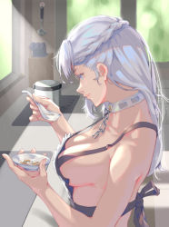 Rule 34 | 1girl, absurdres, apron, azur lane, belfast (azur lane), blue eyes, blush, braid, breasts, chain, cleavage, collar, collarbone, cooking, cup, day, french braid, from side, highres, holding, holding cup, holding ladle, indoors, kamkac, kitchen, knife block, ladle, large breasts, light particles, long hair, naked apron, parted lips, silver hair, smile, solo, soup ladle, window