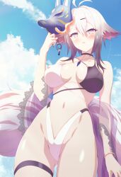 Rule 34 | 1girl, absurdres, antenna hair, arbiter1, azur lane, bikini, black choker, blue sky, breasts, choker, cloud, covered erect nipples, criss-cross halter, day, floppy ears, fox mask, fox tail, from below, gluteal fold, grey hair, hair between eyes, halterneck, highleg, highleg bikini, highres, large tail, looking at viewer, looking down, mask, mask on head, medium breasts, mixed-language commentary, multicolored bikini, multicolored clothes, navel, official alternate costume, outdoors, see-through, sky, standing, swimsuit, tail, thigh strap, tosa (azur lane), tosa (hometown zest) (azur lane), two-tone bikini