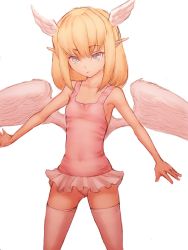 Rule 34 | 1girl, aged down, angel wings, armpits, bare shoulders, blonde hair, breasts, closed mouth, collarbone, covered erect nipples, covered navel, cowboy shot, expressionless, flat chest, fumio (rsqkr), grey eyes, head wings, legs apart, leotard, long hair, looking at viewer, microskirt, original, outstretched arm, pink eyes, pink thighhighs, pointy ears, short hair, sideboob, simple background, skirt, small breasts, solo, standing, thighhighs, white background, white wings, wings