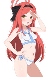 Rule 34 | 1girl, absurdres, alternate costume, armpits, bikini, blue archive, blush, breasts, collarbone, commentary, english commentary, hairband, halo, hand on own hip, highres, idolmaster, long hair, looking at viewer, medium breasts, navel, parted bangs, plump, red hair, sailor collar, sailor swimsuit (idolmaster), salute, sidelocks, simple background, sleeveless, small breasts, solo, stomach, sweatdrop, swimsuit, takane (blue archive), white background, white bikini, yellow eyes, zhyseven