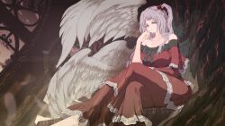 Rule 34 | 1girl, angel wings, bow, capelet, cleavage cutout, clothing cutout, demon wings, dress, feathered wings, grey eyes, grey hair, hair bobbles, hair ornament, hand on own cheek, hand on own face, highres, long hair, multiple wings, nukekip, red capelet, red dress, ribbon, shinki (touhou), sitting, solo, touhou, touhou (pc-98), wings
