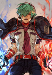Rule 34 | 1boy, aura, bandages, belt, black jacket, blue fire, capelet, choker, fingerless gloves, fire, gloves, green hair, hair over one eye, headphones, high collar, hungry clicker, jacket, jacket on shoulders, male focus, necktie, red belt, red eyes, shun&#039;ei, snk, solo, the king of fighters
