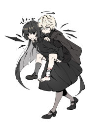 Rule 34 | 1boy, 1girl, aged down, ahoge, arknights, bandaged leg, bandages, barefoot, black dress, black eyes, black footwear, black hair, black halo, black outline, black shirt, black shorts, black wings, blonde hair, blood, blood on leg, blue eyes, blunt bangs, bright pupils, broken halo, carrying, carrying person, cloak, closed mouth, collared dress, collared shirt, colored inner hair, commentary request, cousins, dark halo, detached wings, doctahmem, dot nose, dress, energy wings, executor (arknights), expressionless, eye contact, from side, full body, grey cloak, grey hair, grey hood, grey pantyhose, grey socks, hair between eyes, halo, hand on another&#039;s leg, hand on another&#039;s thigh, hands on another&#039;s shoulders, hands up, heel up, high collar, high heels, highres, hime cut, hood, hood down, hooded cloak, invisible floor, kneehighs, korean commentary, leaning, leaning forward, long hair, long sleeves, looking at another, messy hair, mole, mole under eye, multicolored hair, neck ribbon, open mouth, outline, pale skin, pantyhose, piggyback, pleated dress, pumps, ribbon, shirt, shoes, short hair, shorts, sidelocks, simple background, single shoe, single sock, sleeve cuffs, smile, socks, standing, toes, turtleneck, turtleneck shirt, two-tone hair, very long hair, virtuosa (arknights), walking, white background, white pupils, white ribbon, wings
