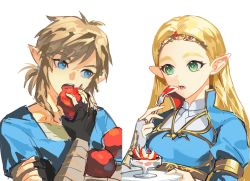 Rule 34 | 1boy, 1girl, apple, apple slice, biting, blonde hair, blue dress, blue eyes, blue tunic, breasts, crown, cup, dress, duoj ji, eating, fingerless gloves, food, fork, fruit, gloves, green eyes, hand on own arm, highres, holding, holding food, holding fork, holding fruit, holding plate, link, long hair, low ponytail, lower teeth only, medium breasts, medium hair, nintendo, open mouth, partially fingerless gloves, plate, pointy ears, princess zelda, puffy sleeves, shirt, teeth, the legend of zelda, the legend of zelda: breath of the wild, thick eyebrows, upper body, upper teeth only, white background, white shirt