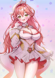 Rule 34 | 1girl, breasts, cleavage, green eyes, hat, hololive, large breasts, long hair, looking at viewer, mito soosu, open mouth, pink hair, sakura miko, smile, solo, virtual youtuber