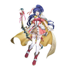 Rule 34 | 1girl, blue eyes, blue hair, boots, bow (weapon), braid, braided sidelock, breasts, cape, choker, cleavage, corset, dress, female focus, fingerless gloves, fire emblem, fire emblem: the sacred stones, fire emblem heroes, full body, gloves, hair ribbon, hair tie, high ponytail, holding, holding bow (weapon), holding weapon, long hair, looking at viewer, matching hair/eyes, medium breasts, mikurou (nayuta), nintendo, official alternate costume, official art, open mouth, pink corset, pink dress, pink ribbon, pleated dress, puffy short sleeves, puffy sleeves, ribbon, short sleeves, smile, solo, tana (fire emblem), thighhighs, twin braids, weapon, white background, white gloves, white thighhighs, yellow cape