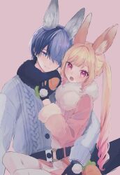 Rule 34 | 1boy, 1girl, :o, animal ears, aoyagi touya, belt, black gloves, blonde hair, blue eyes, blue hair, blush, buttons, carrot, close game/offline (project sekai), commentary, dark blue hair, ebi (yzpiyo039), gloves, gradient hair, hair over one eye, highres, himitsu no valentine daisakusen! (project sekai), holding, holding carrot, long hair, long sleeves, looking at another, multicolored hair, official alternate hairstyle, one eye covered, open mouth, pink eyes, pink hair, pom pom (clothes), project sekai, rabbit ears, short hair, smile, teeth, tenma saki, twintails, two-tone hair, upper teeth only