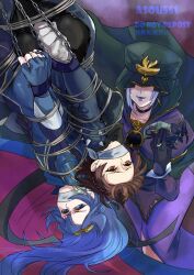 Rule 34 | 3girls, armor, artist name, asou051, bdsm, blue cape, blue eyes, blue hair, bondage, bound, bound together, brown hair, cape, cloth gag, commission, crossover, elbow gloves, evil smile, fate/stay night, fate (series), femdom, fingerless gloves, fire emblem, fire emblem awakening, from above, gag, gagged, glaring, gloves, improvised gag, jewelry, kidnapping, lucina (fire emblem), medea (fate), multiple girls, niijima makoto, nintendo, over the mouth gag, pauldrons, persona, persona 5, purple lips, red eyes, ring, shoulder armor, smile, spikes, super smash bros., upside-down, wizard