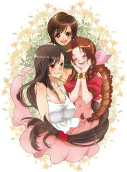 Rule 34 | 3girls, aerith gainsborough, artist request, black hair, bracelet, breasts, brown eyes, brown hair, cleavage, closed eyes, dress, drill hair, final fantasy, final fantasy vii, flower, hair ornament, hair ribbon, hair scrunchie, hand on another&#039;s shoulder, hands on own face, happy, highres, jewelry, large breasts, long hair, looking at another, looking at viewer, lower teeth only, midriff, multiple girls, navel, open mouth, red eyes, ribbon, scrunchie, shirt, short hair, simple background, smile, t-shirt, teeth, tifa lockhart, upper body, upper teeth only, very long hair, yuffie kisaragi, yuri