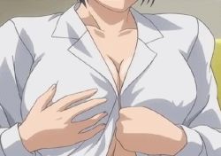 Rule 34 | 00s, 1girl, animated, animated gif, aojika miho, grabbing another&#039;s breast, breasts, collarbone, enyoku binetsu, covered erect nipples, grabbing, lab coat, large breasts, long sleeves, lowres, nipples, no bra, grabbing own breast, undressing