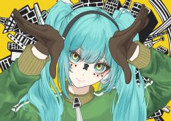 Rule 34 | 1girl, absurdres, blue eyes, blue hair, cityscape, facial mark, gloves, hands up, hatsune miku, head tilt, headphones, highres, jacket, long hair, long sleeves, looking at viewer, matryoshka (vocaloid), multicolored eyes, osam, rabbit pose, smile, solo, track jacket, twintails, vocaloid, yellow eyes