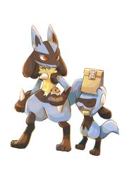 Rule 34 | bag, black hair, blue fur, closed mouth, creatures (company), evolutionary line, food, furry, game freak, gen 4 pokemon, holding, holding food, lucario, muffin, nintendo, open mouth, paper bag, pokemon, pokemon (creature), red eyes, riolu, sidelocks, smile, spikes, standing, volpecorvo