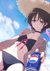 Rule 34 | 1girl, bikini, black bikini, black choker, black hair, blue archive, blue sky, breasts, can, choker, cloud, commentary request, cowboy shot, day, drink can, dutch angle, hat, highres, holding, holding can, looking at viewer, looking down, misaki (blue archive), misaki (swimsuit) (blue archive), navel, official alternate costume, open clothes, open shirt, outdoors, parted lips, pepsi, shibuya susano, shirt, short hair, sky, small breasts, soda can, solo, straw hat, striped clothes, striped shirt, sun hat, sweat, swimsuit, variant set, vertical-striped clothes, vertical-striped shirt