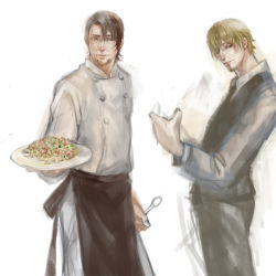 Rule 34 | 10s, 2boys, apron, bambi1983, blonde hair, brown eyes, brown hair, chef, crossover, facial hair, food, formal, fried rice, goatee, highres, hirata hiroaki, kaburagi t. kotetsu, male focus, multiple boys, necktie, one piece, realistic, sanji (one piece), short hair, simple background, spoon, stubble, suit, tiger &amp; bunny, utsuki (fadeout), vest, voice actor connection