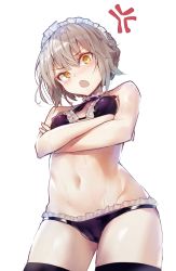 Rule 34 | &gt;:o, 1girl, :o, akieda, anger vein, angry, artoria pendragon (all), artoria pendragon (alter swimsuit rider) (fate), artoria pendragon (alter swimsuit rider) (second ascension) (fate), artoria pendragon (fate), bikini, black bikini, black thighhighs, blonde hair, blush, braid, breasts, cameltoe, cowboy shot, crossed arms, detached collar, fate/grand order, fate (series), from below, highres, light brown hair, looking at viewer, looking down, maid, maid bikini, maid headdress, navel, ribbon, ribbon trim, saber alter, short hair, simple background, small breasts, solo, sweat, swimsuit, thick thighs, thighhighs, thighs, unconventional maid, v-shaped eyebrows, white background, wide hips, yellow eyes