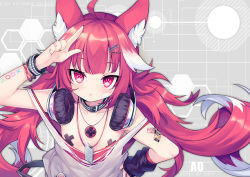 Rule 34 | 1girl, ahoge, animal ear fluff, animal ears, ao jun, arm up, bangle, bare shoulders, blush, bracelet, breasts, chestnut mouth, collarbone, grey background, hair ornament, hairclip, hand on own hip, headphones, headphones around neck, jewelry, long hair, looking at viewer, multicolored hair, original, parted lips, pasties, red eyes, red hair, small breasts, solo, strap slip, studded bracelet, tank top, two-tone hair, upper body, very long hair, white hair, white tank top, x hair ornament