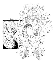 Rule 34 | 2boys, alternate universe, artist name, aura, belt, blood, blood on face, bruise, clenched hands, commentary request, dougi, dragon ball, dragonball z, electricity, fenyon, floating, glowing, greyscale, halo, highres, injury, long hair, majin vegeta, male focus, martial arts belt, monochrome, multiple boys, muscular, muscular male, no eyebrows, pants, serious, shirt, simple background, son goku, spiked hair, super saiyan, super saiyan 2, super saiyan 3, surprised, sweat, torn clothes, vegeta, veins, wide-eyed, wristband