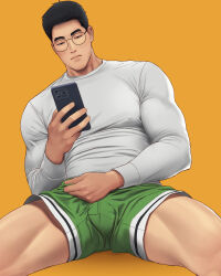 Rule 34 | 1boy, absurdres, bad id, bad pixiv id, bara, black hair, bulge, cellphone, covered erect nipples, cowboy shot, expressionless, facing viewer, glasses, green shorts, half-closed eyes, hand up, highres, holding, holding phone, long sleeves, male focus, muscular, muscular male, naoki (xhju8282), orange background, original, phone, shirt, short hair, short shorts, shorts, simple background, sitting, smartphone, solo, spread legs, taut clothes, taut shirt, white shirt