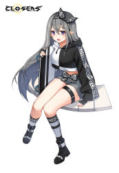 Rule 34 | 1girl, :d, belt, black footwear, black gloves, boots, closers, clothes writing, crop top, crop top overhang, cutoffs, drawstring, fingerless gloves, gloves, grey hair, grey shorts, hair between eyes, hairband, highres, holding, hood, hood down, levia (closers), long hair, long sleeves, looking at viewer, midriff, multicolored hair, navel, official art, open mouth, pointy ears, purple eyes, shirt, short shorts, shorts, sidelocks, simple background, sitting, skateboard, smile, socks, solo, streaked hair, thigh strap, thighs, two-tone shirt, very long hair, white background