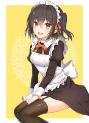 Rule 34 | 1girl, alternate costume, apron, black hair, black thighhighs, blush, breasts, frilled apron, frills, garter straps, hair between eyes, highres, kantai collection, long sleeves, maid, maid headdress, open mouth, red neckwear, red ribbon, ribbon, sendai (kancolle), smile, solo, thighhighs, two side up, white apron, yellow eyes, yuzuttan