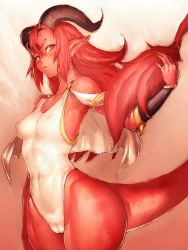 Rule 34 | 1girl, breasts, cameltoe, colored skin, commentary, covered navel, demon girl, demon horns, demon tail, covered erect nipples, fumio (rsqkr), hip focus, horns, long hair, looking at viewer, parted lips, pointy ears, red hair, red skin, see-through, smile, solo, tail, thick eyebrows