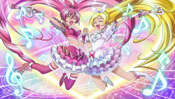 Rule 34 | 10s, 2girls, beamed quavers, blonde hair, boots, bow, choker, colorful, cure melody, cure rhythm, eyelashes, closed eyes, frilled skirt, frills, gensou (mopoepei), hair ribbon, holding hands, happy, heart, highres, houjou hibiki, jumping, knee boots, light particles, light rays, lights, long hair, magical girl, midriff, minamino kanade, multiple girls, musical note, navel, open mouth, pink bow, pink hair, precure, quaver, ribbon, skirt, smile, sparkle, suite precure, symmetry, thighhighs, treble clef, twintails, very long hair, wand, white choker